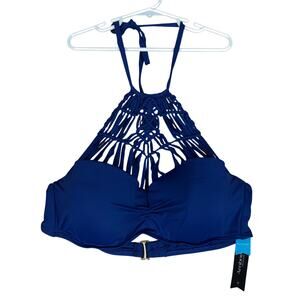 Ambrielle Womens Swim Top Navy High Chest Push Up Neck Tie Stretch D